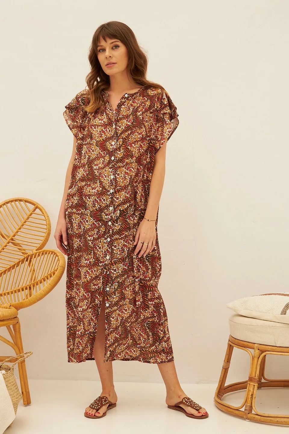 Chicosoleil Isabella robe longue Tiger Roses gaze coton