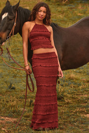 Oh Polly Naima Jupe Maxi Rouge Brûlé à Volants Mi-Haute