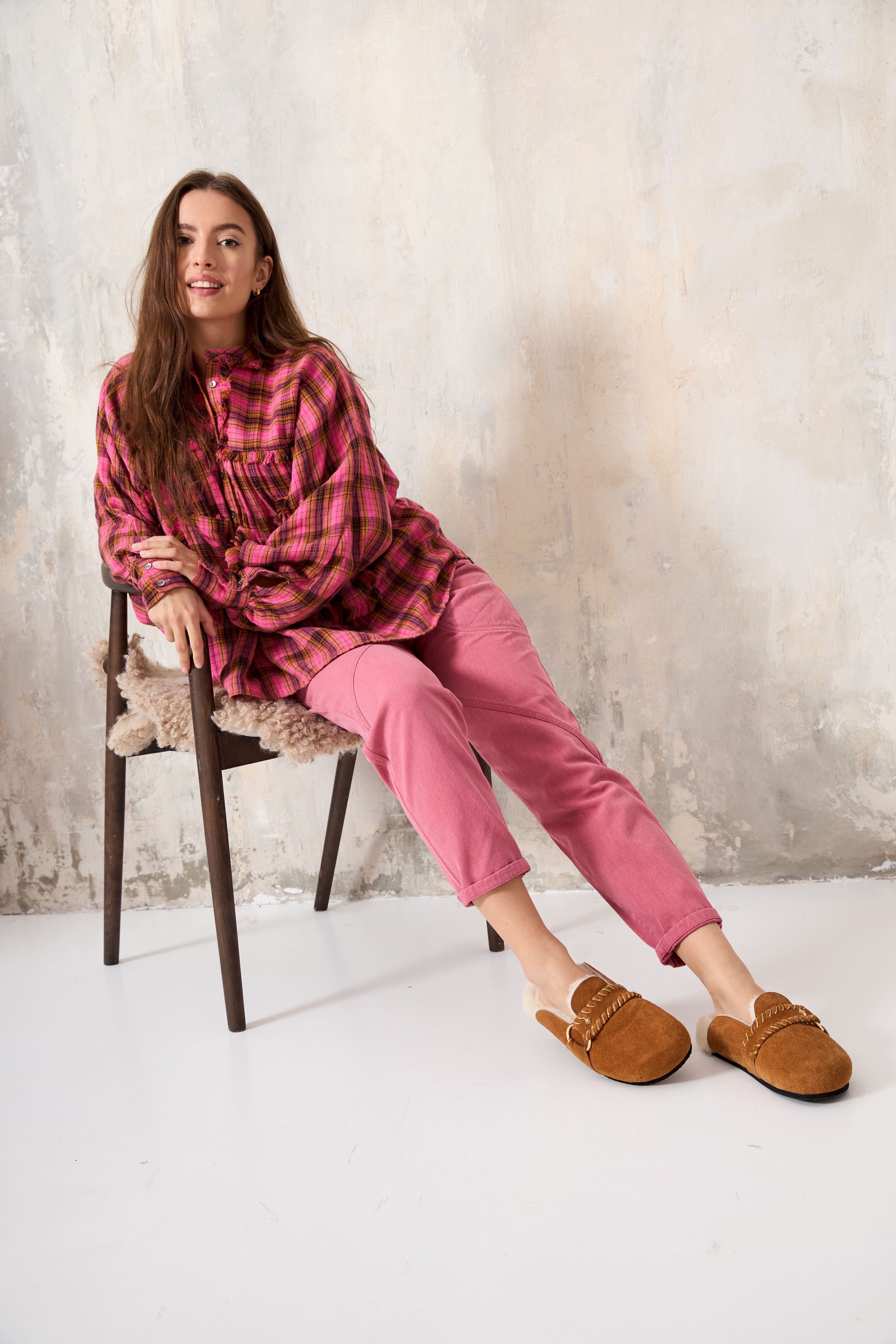 CHICOSOLEIL GOYA chemise pink check coton franges
