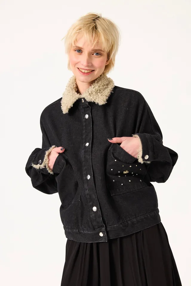 Chicosoleil Yuma veste aviateur noir denim fourrure