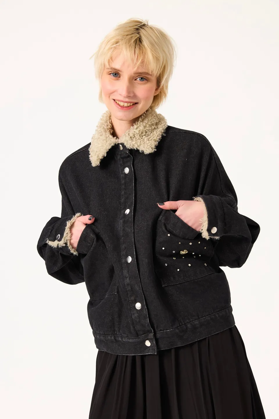 Chicosoleil Yuma veste aviateur noir denim fourrure