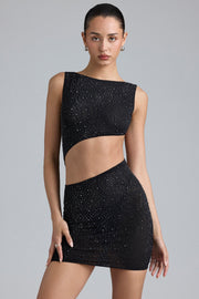 Oh Polly Embellished 8358 mini robe noire strass dos nu