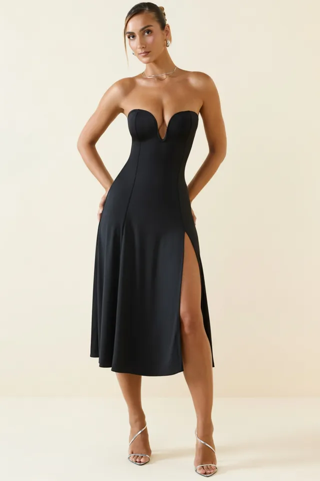 Oh Polly Joely robe bustier noire jersey fente midaxi