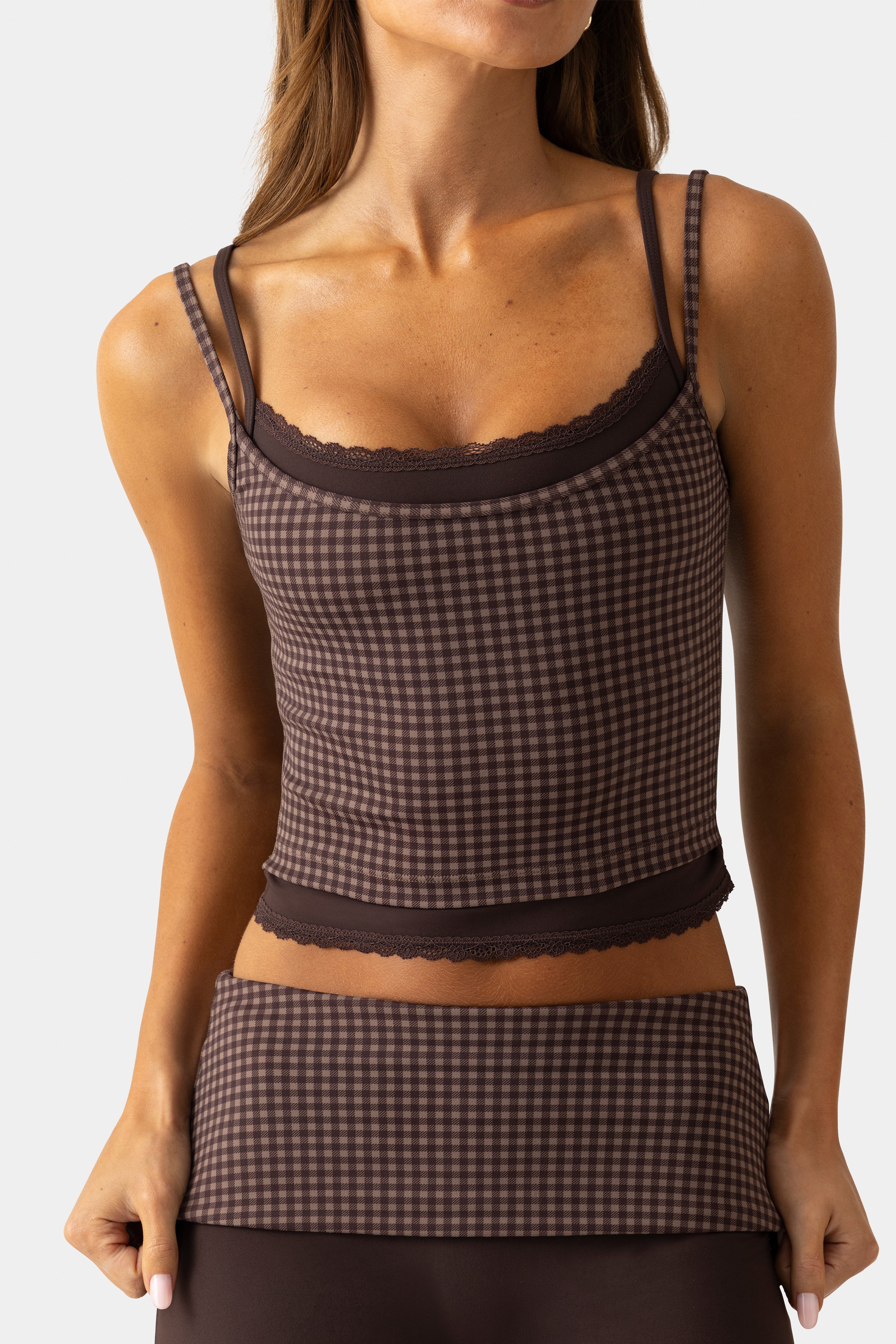 Oh Polly Bo+Tee Tank Top Espresso Gingham