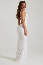 Oh Polly Nivalis robe maxi blanche dos nu à perles