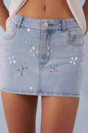 Oh Polly 16033 mini jupe jean light denim fleurs