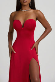 Oh Polly Joely robe bustier rouge jersey fente midaxi
