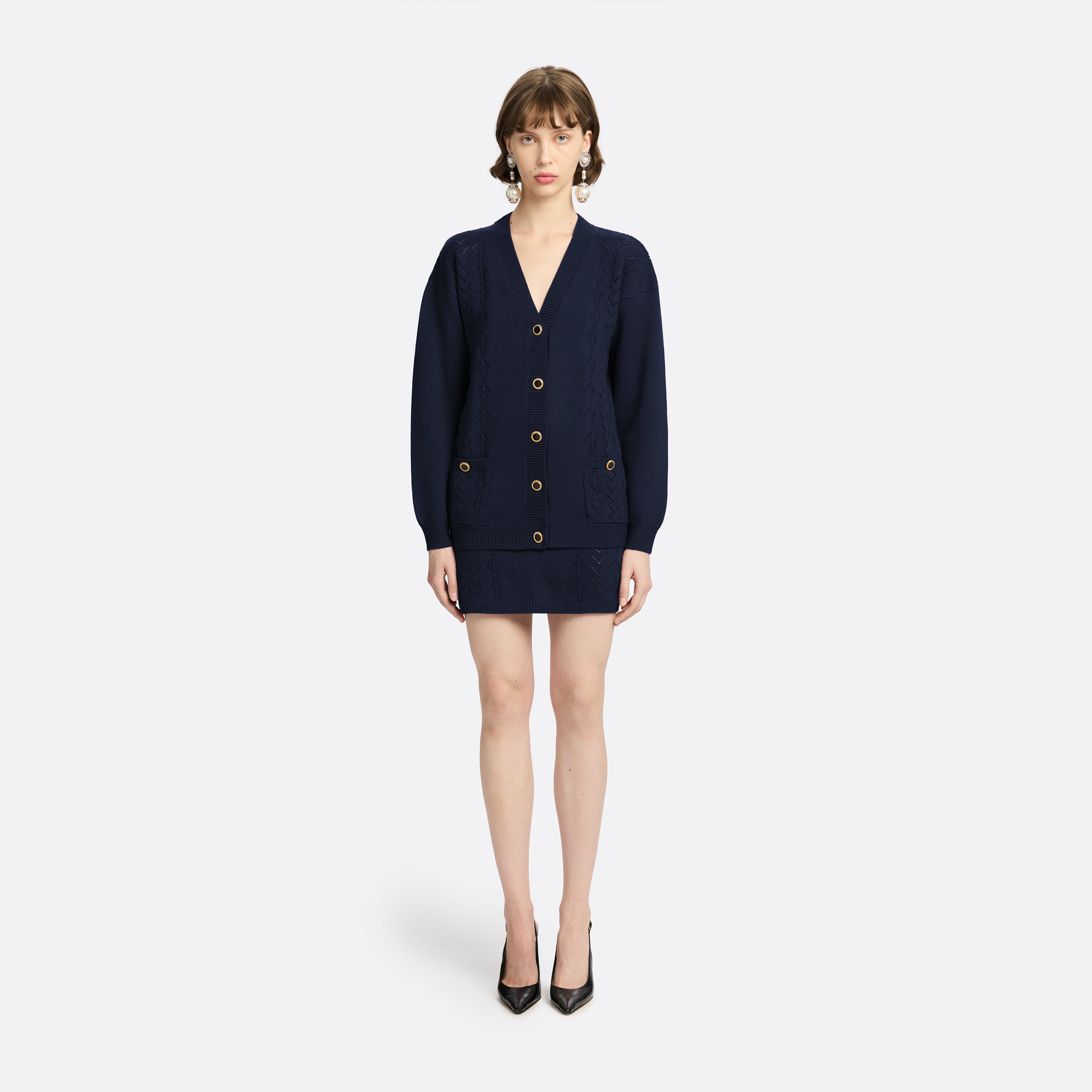 Alessandra Rich Knitwear cardigan dentelle laine mérinos bleu 36-46