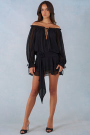 Oh Polly Alessia Mini Robe Noire Épaules Dénudées Volants