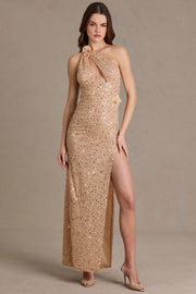 Oh Polly Embellished robe maxi asymétrique sable sequins