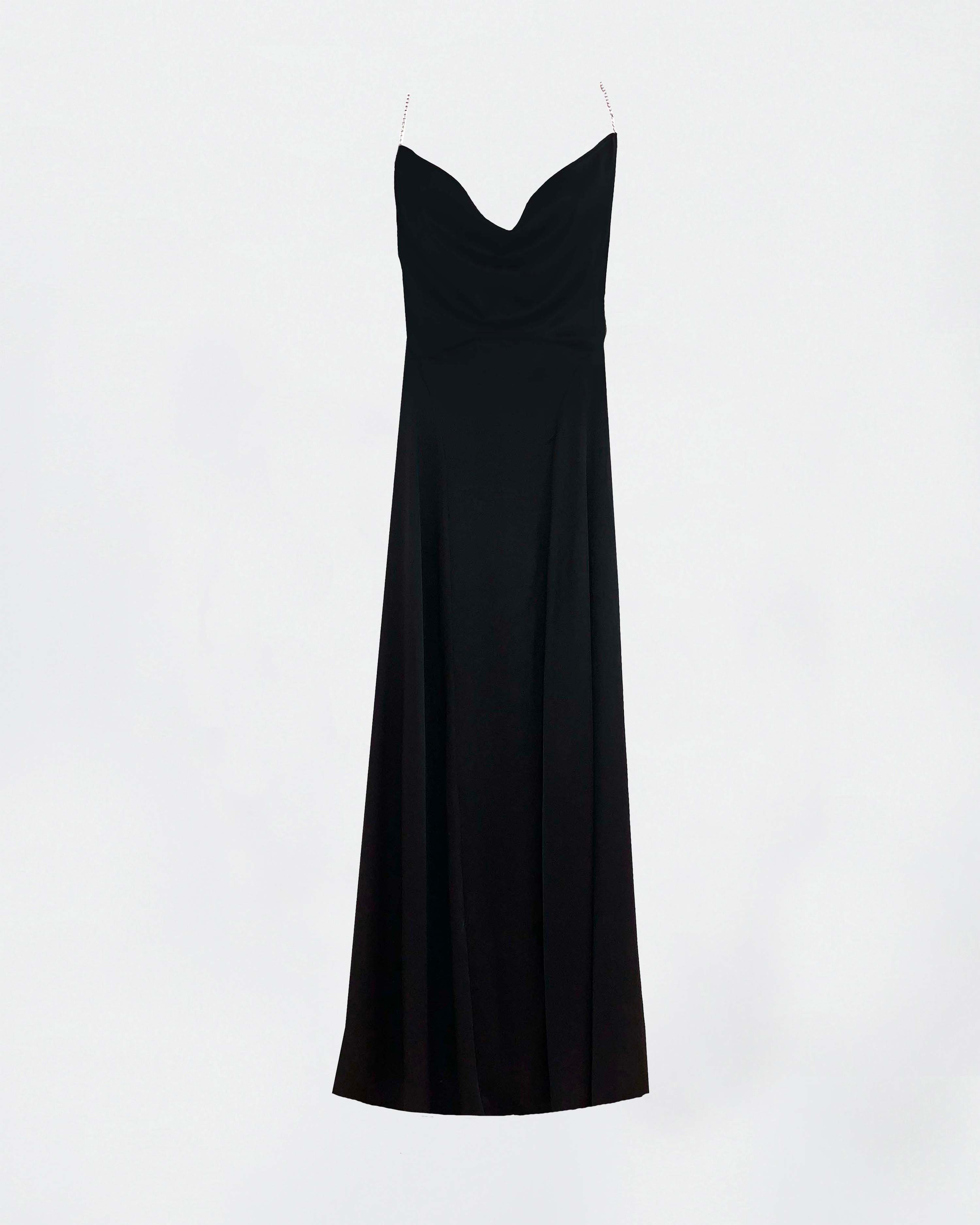 The Ethiquette Robes robe longue Jenna satin soie noir cristaux