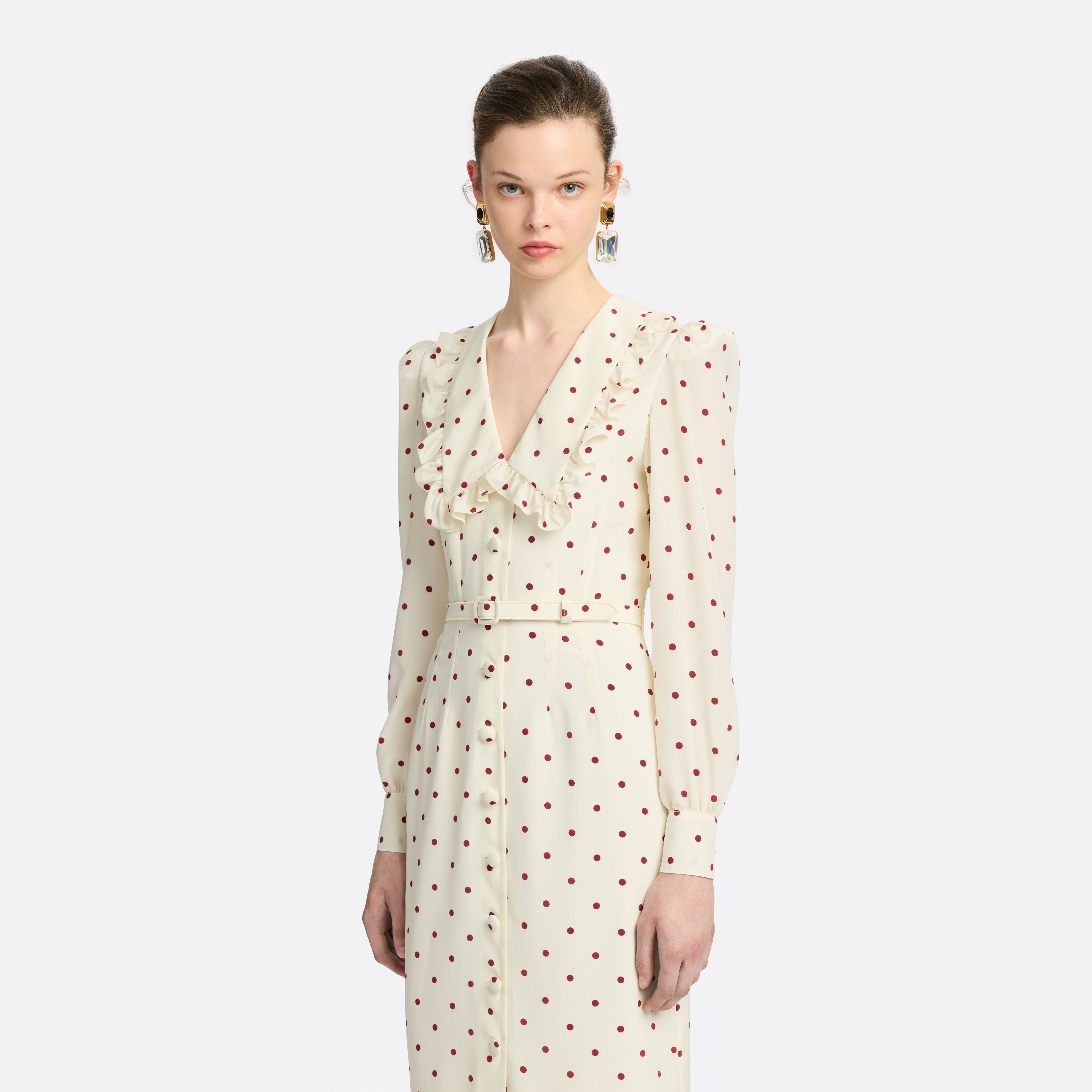 Alessandra Rich Robe soie midi pois crème-bordeaux 36