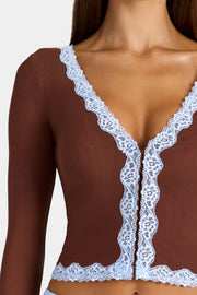 Oh Polly Laksila gilet court dentelle marron cocoa