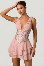 Oh Polly Embellished Sakura mini robe rose floral corset volants