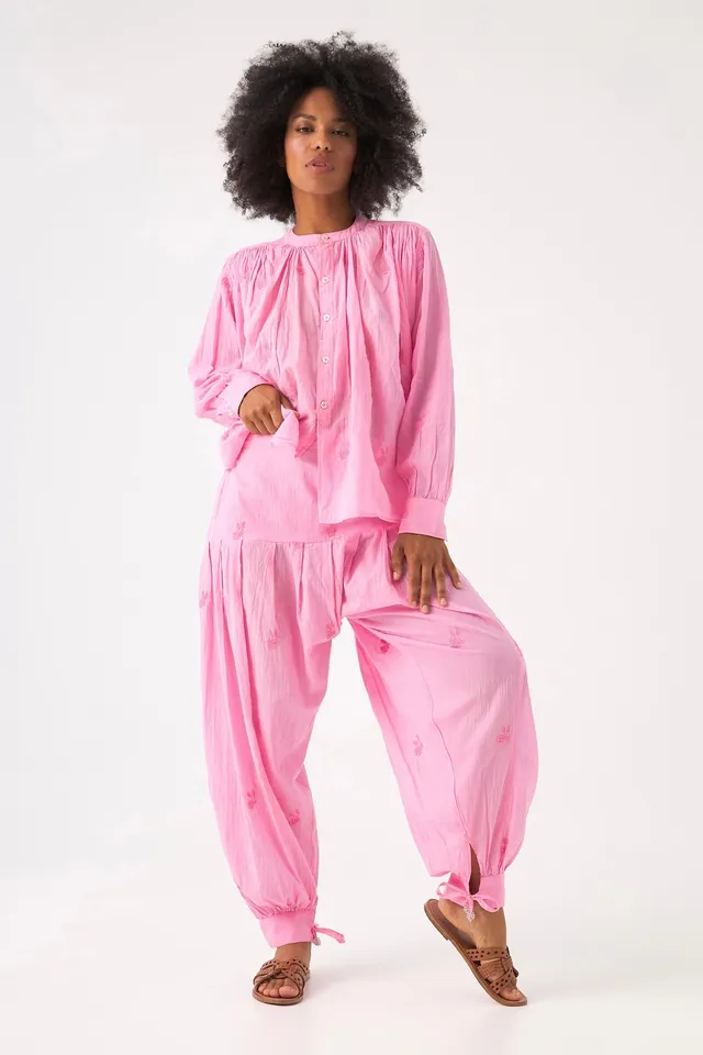 Chicosoleil Jasmin pantalon sarouel rose brodé coton