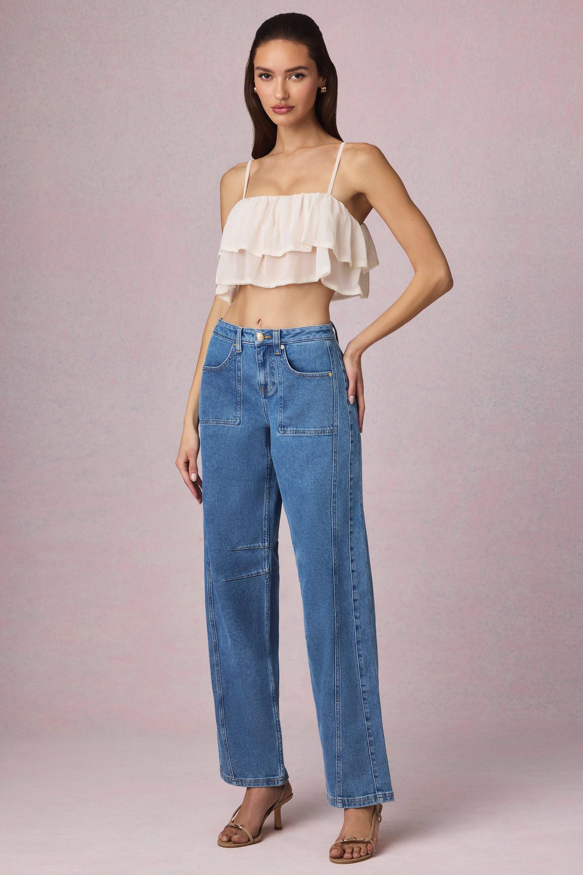 Oh Polly 13841 jean barrel bleu taille mi-haute coton