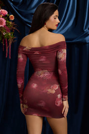 Oh Polly Aarti Mini Robe Bordeaux Fleurs Ruchée Moulante