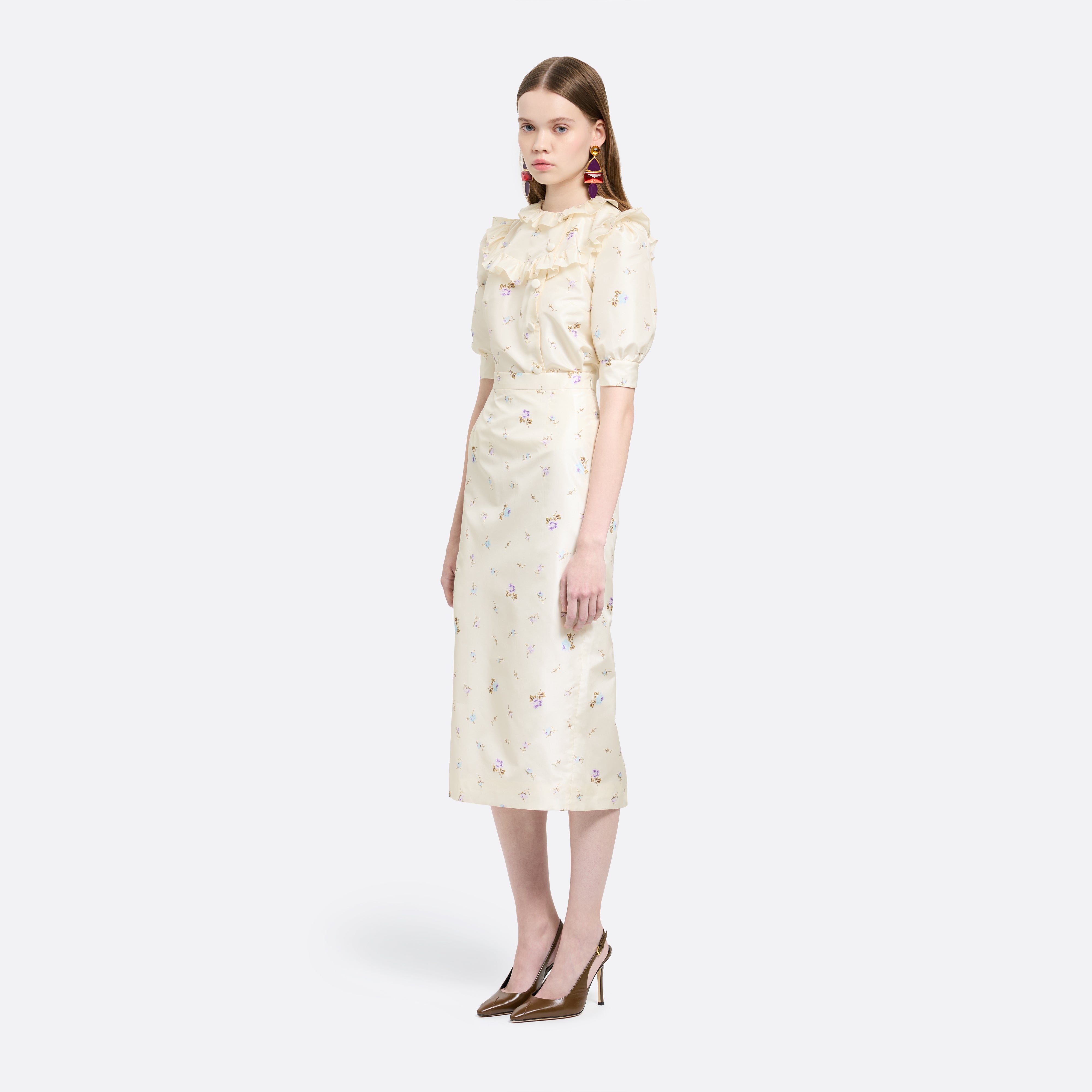 Alessandra Rich Skirts jupe midi soie fleurs blanc taffetas