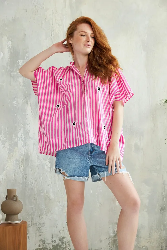Chicosoleil LEELA top coton Pink Stripe manches courtes