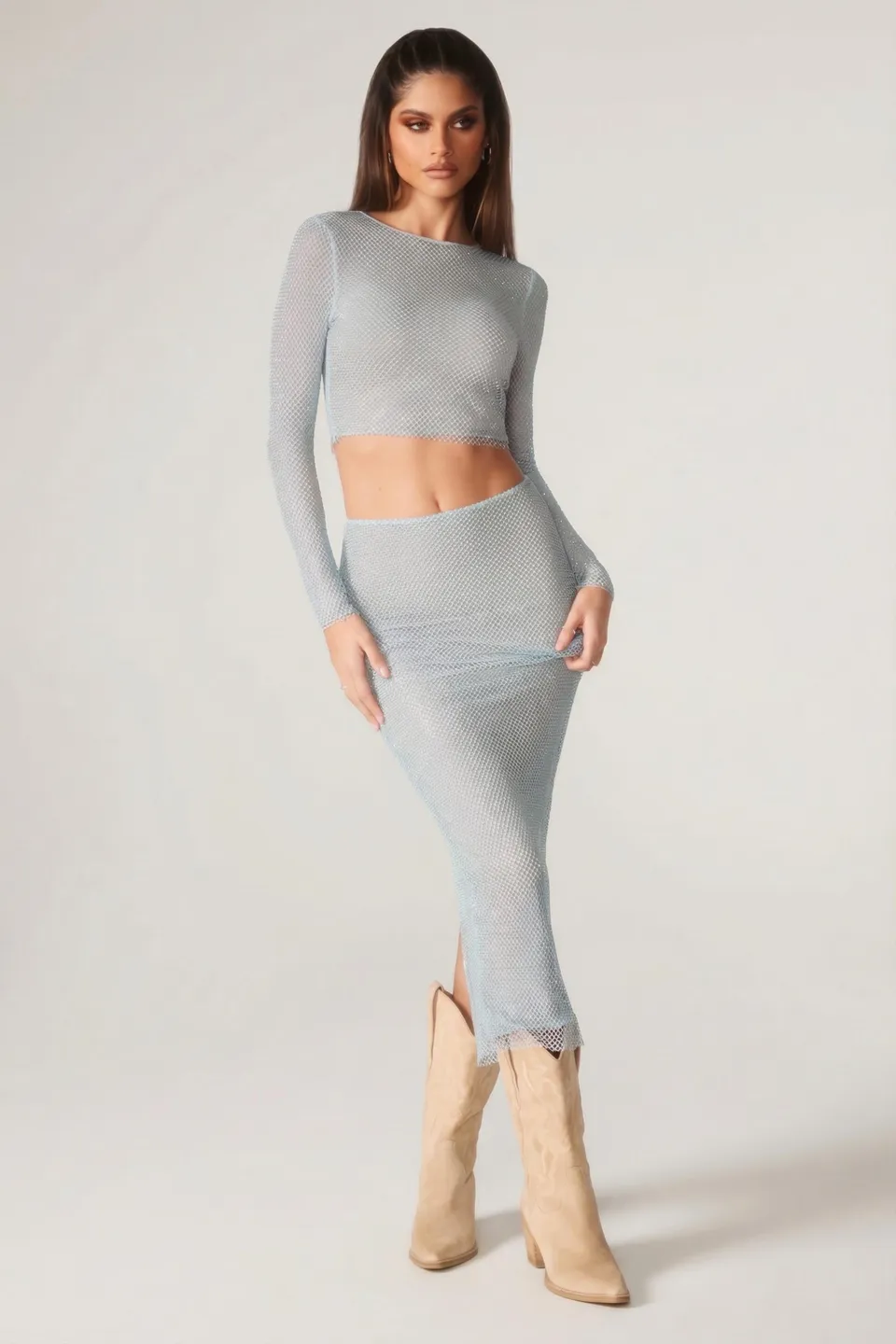 Oh Polly Embellished Jupe Maxi Taille Basse Aqua Strass