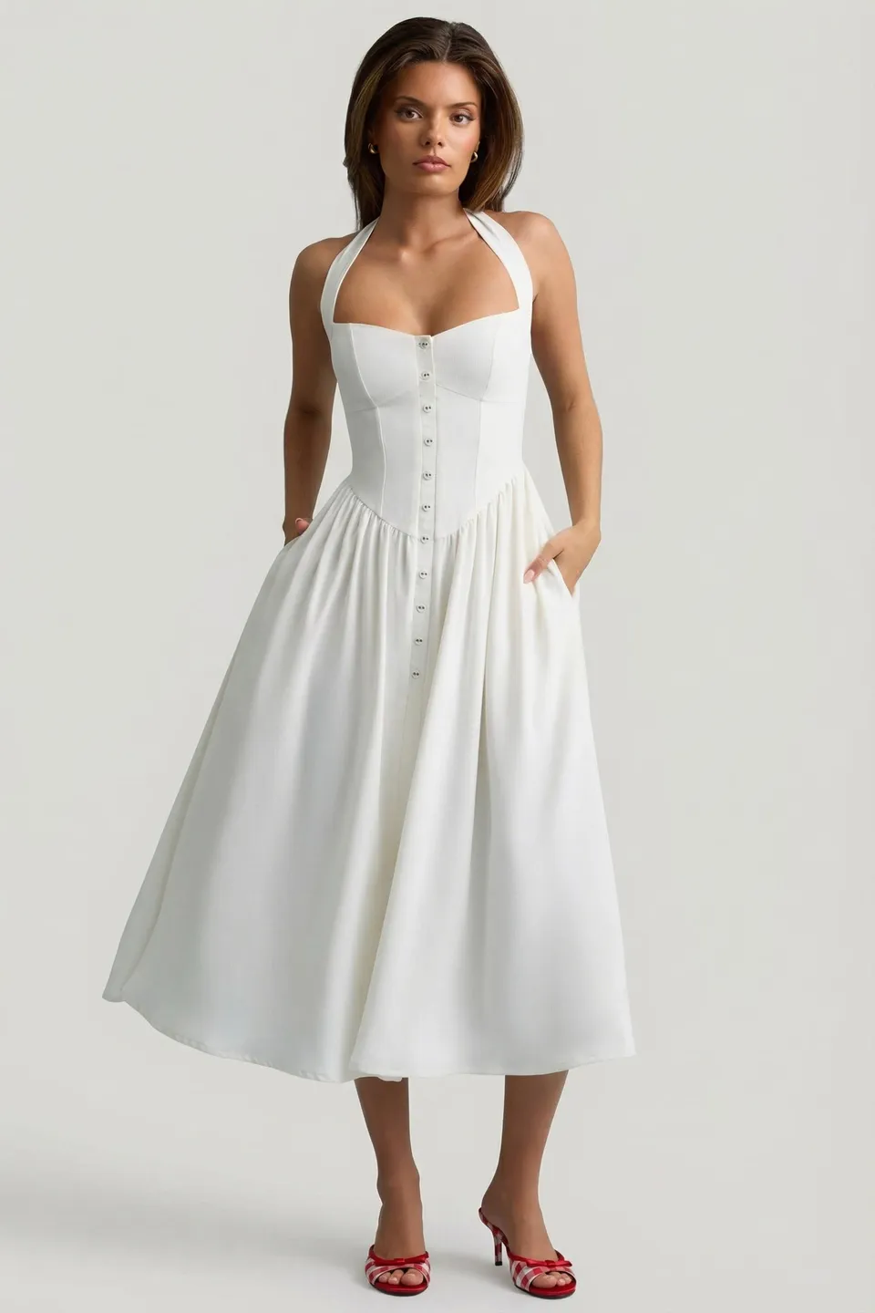 Oh Polly Orlena robe midi blanche boutonnée crêpe
