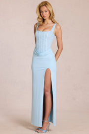 Oh Polly Zalia robe longue dentelle bleu poudre fendue