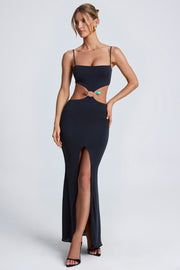 Oh Polly Julitta 9818 robe maxi noire fendue bijou