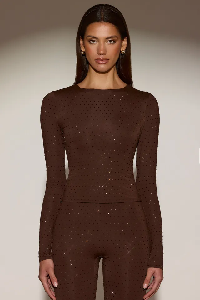 Oh Polly Venia 14966 top strass marron manches longues