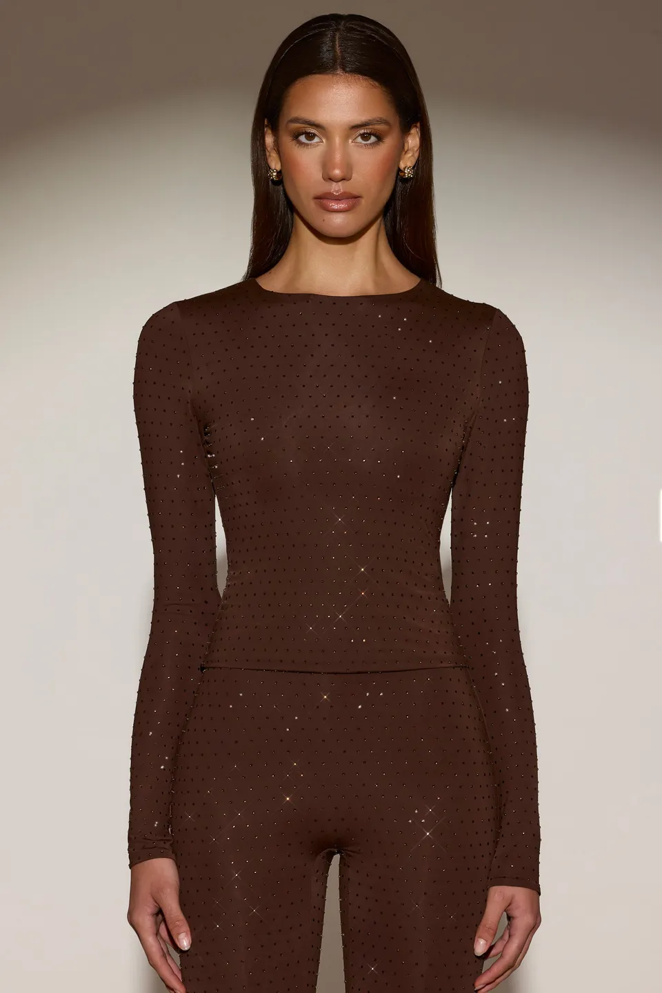 Oh Polly Venia 14966 top strass marron manches longues