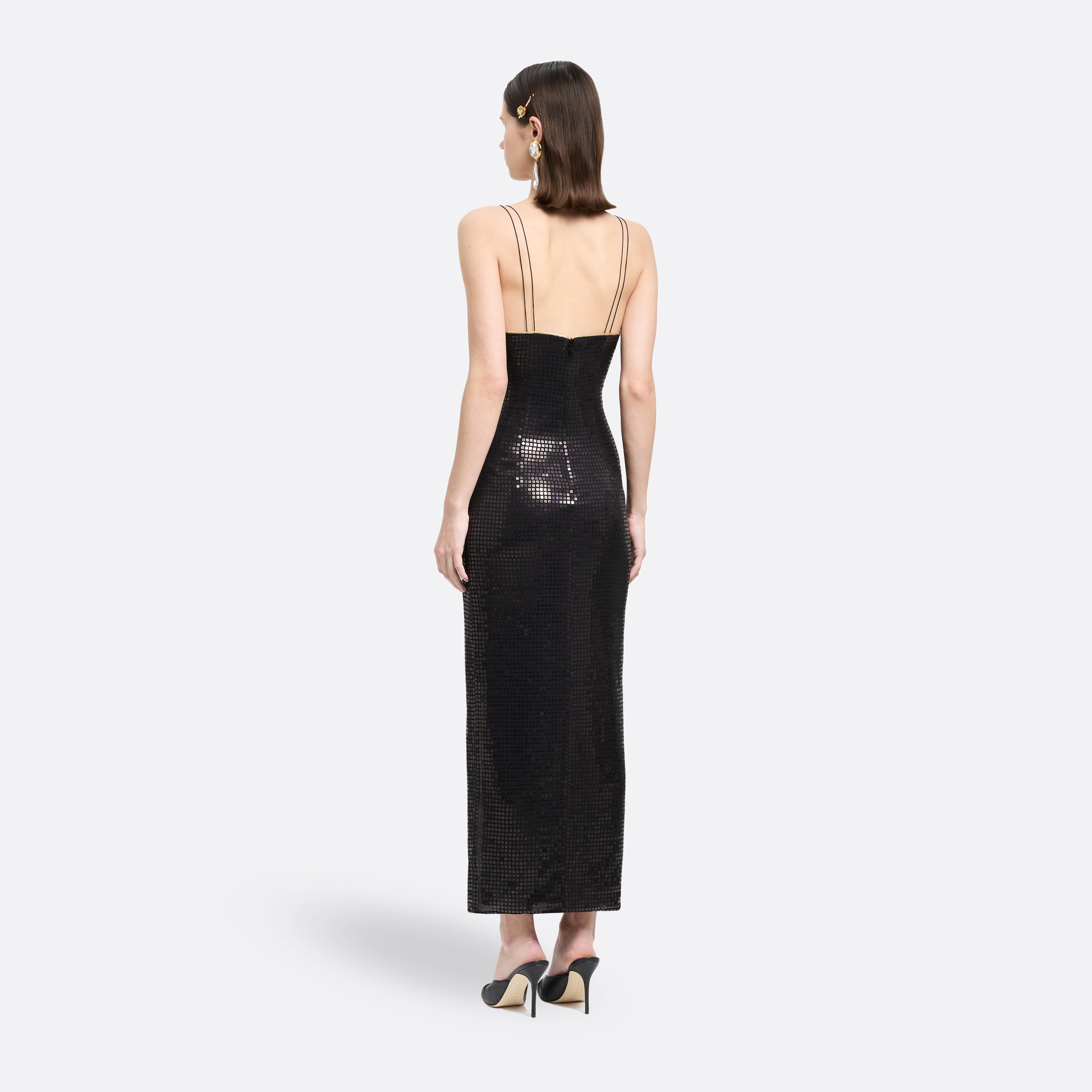 Alessandra Rich Sequin Silk Slip robe noire sequins col V