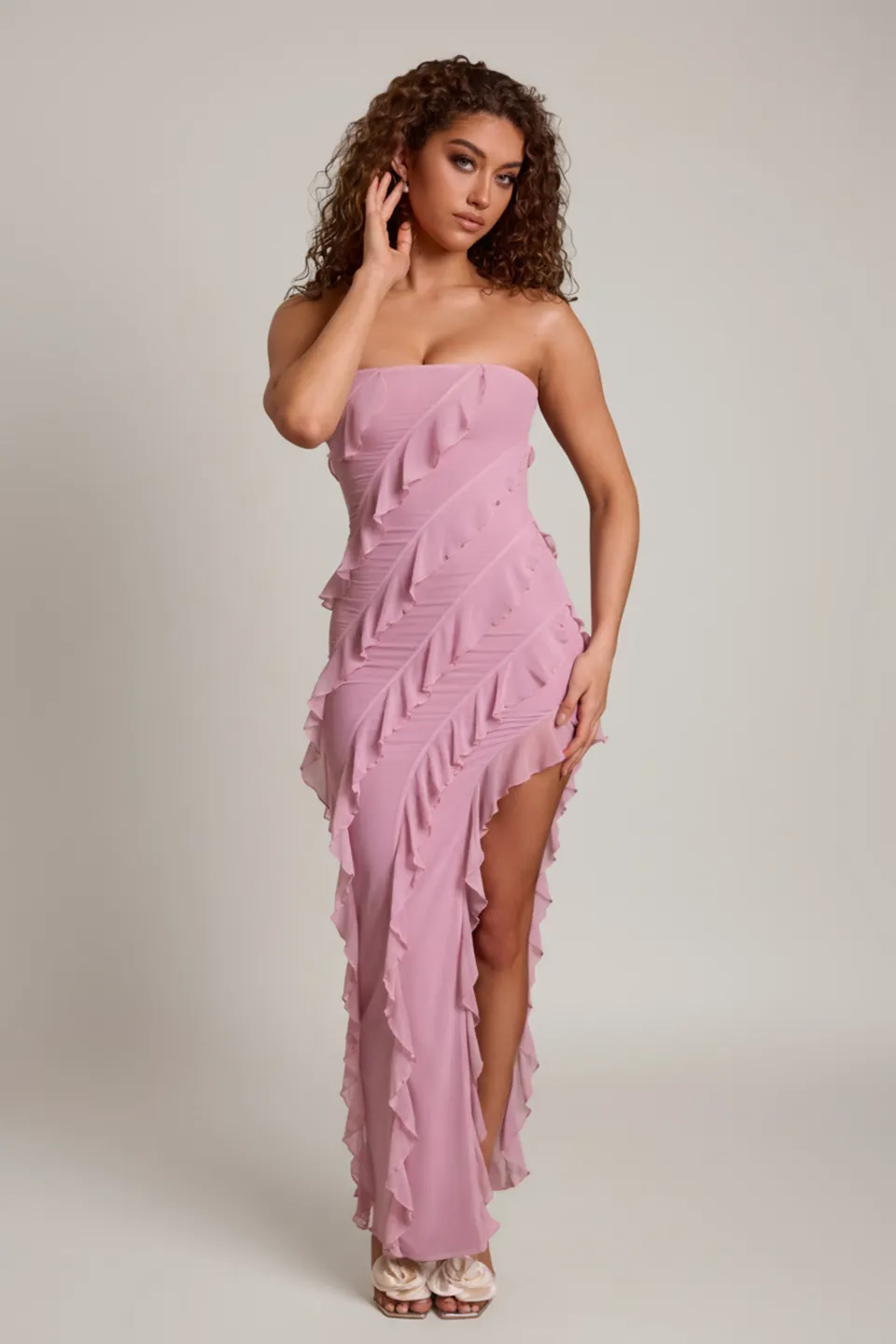 Oh Polly Nevali robe longue bandeau rose volants