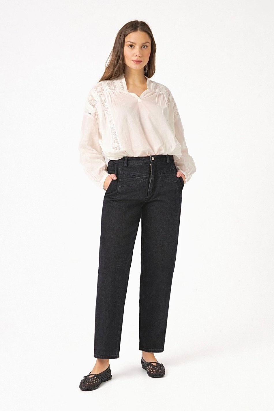 Chicosoleil Rio jean carotte noir taille haute coton