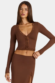 Oh Polly Mindy cardigan court marron modal dentelle
