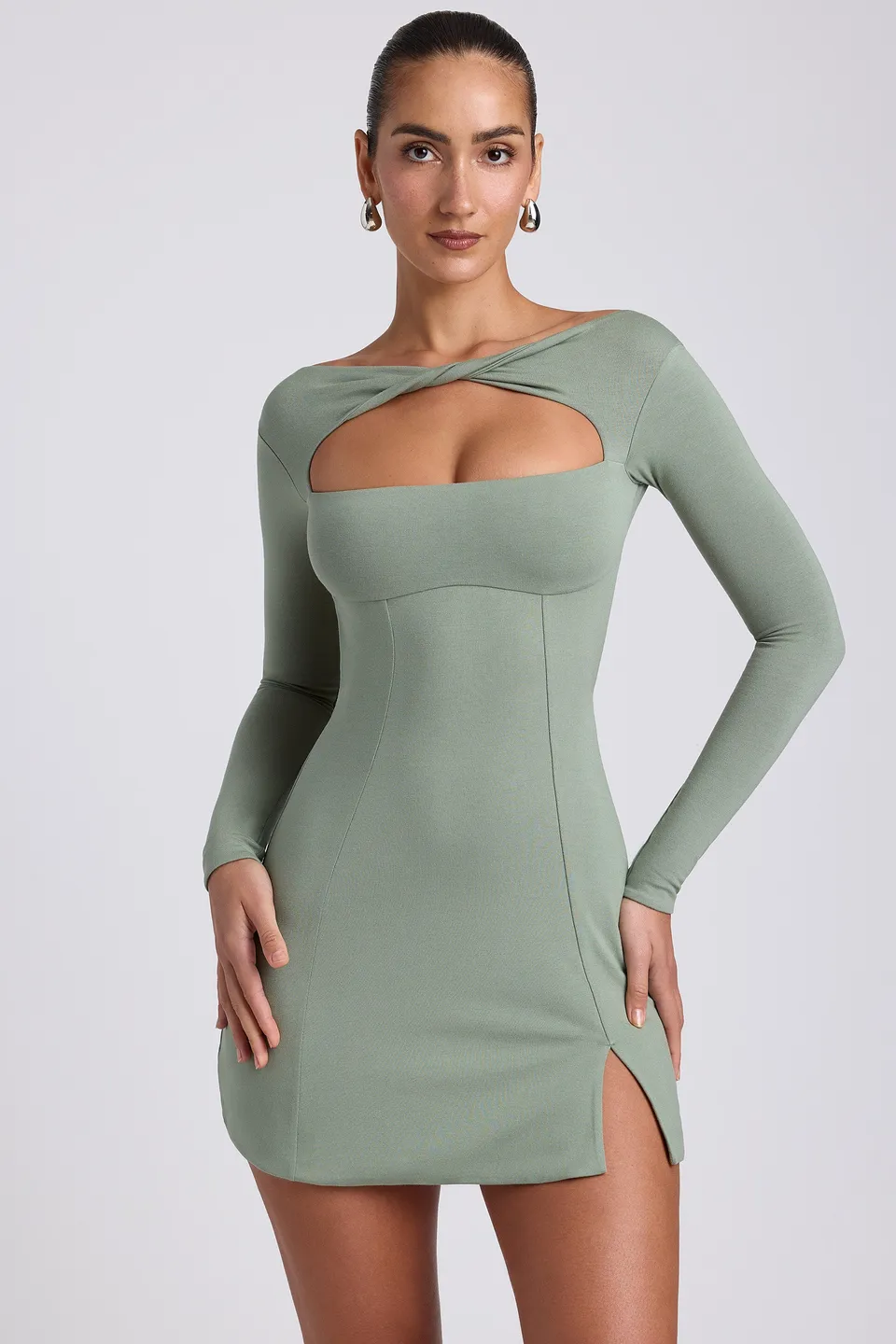 Oh Polly 8490 Mini Robe Femme Vert Sauge Modal Twist