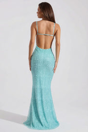 Oh Polly Nivalis Robe Maxi Dos Nu Bleu Aqua Perles
