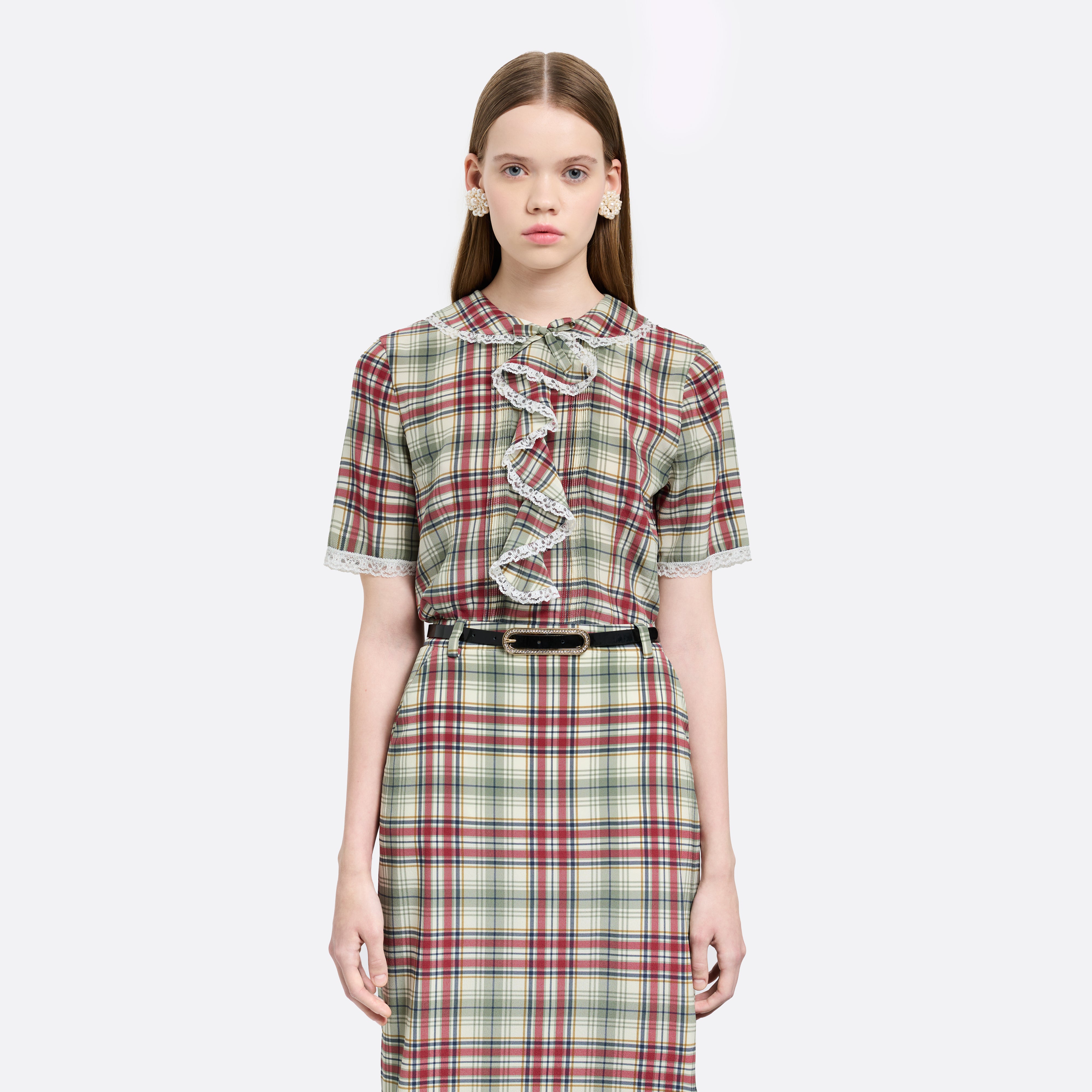 Alessandra Rich Tartan Silk Short Sleeve Blouse chemisier soie 40