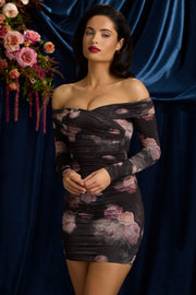 Oh Polly Aarti 11692 mini robe bodycon noire à fleurs ruchée