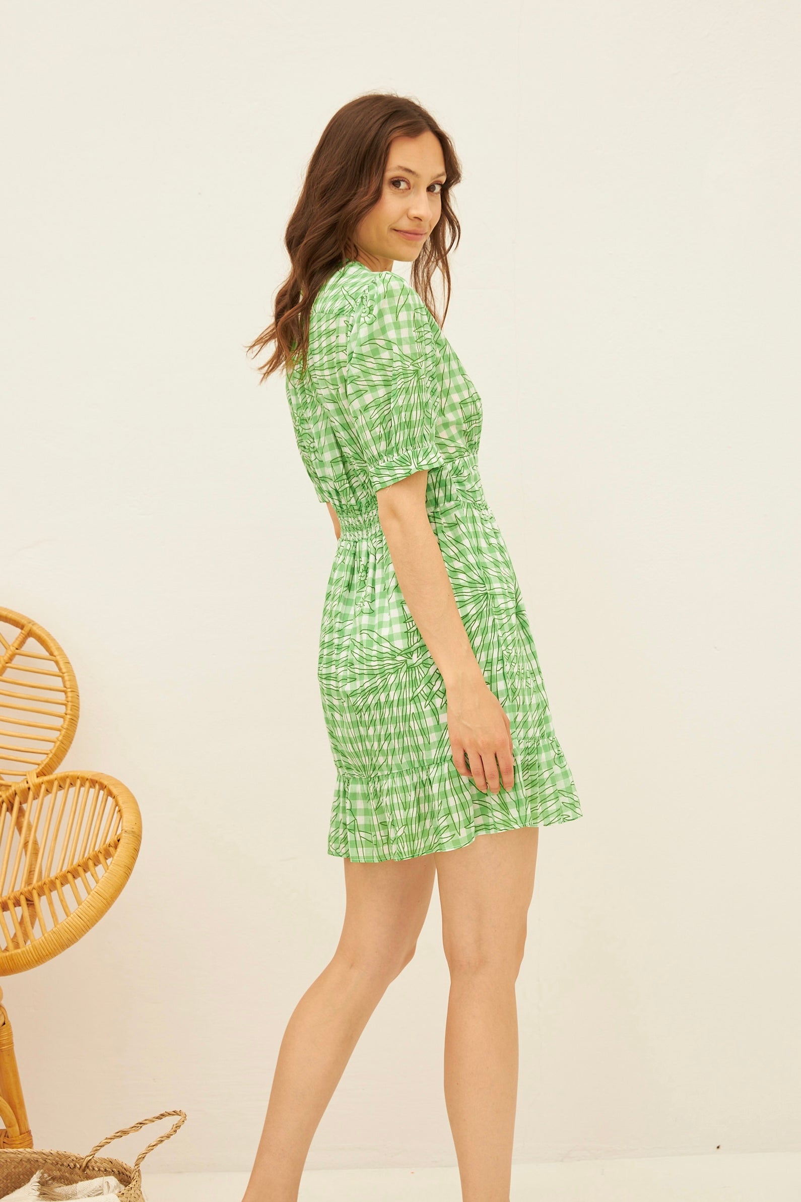 Chicosoleil Alexia robe courte vichy bohème vert coton