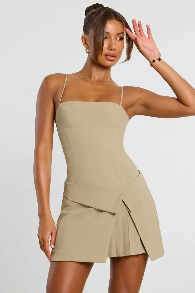 Oh Polly Bruna Mini Robe Taupe - Robe Portefeuille Plissée Twill