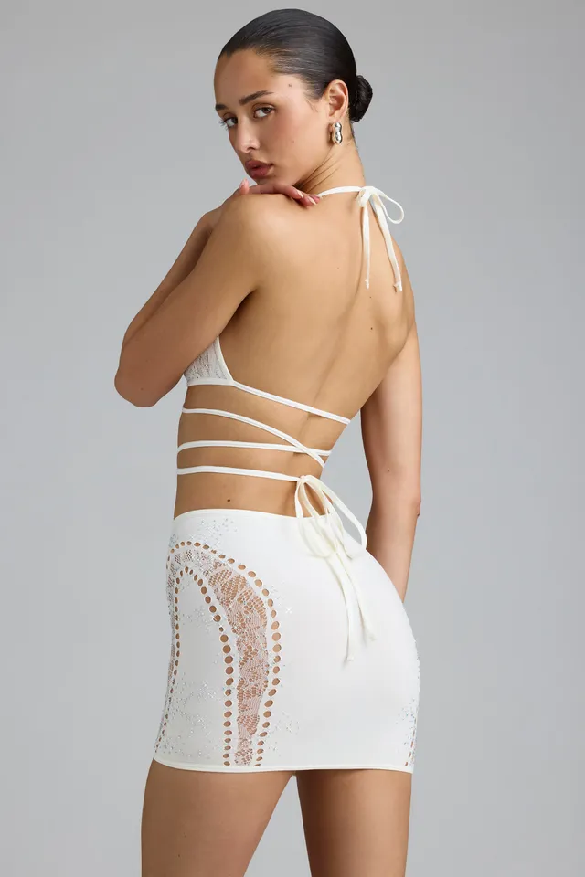 Oh Polly Swim Liberty haut bikini triangle ivoire dentelle strass
