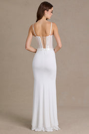 Oh Polly Robe Corset Dentelle Snow Sequin Fendue Volants