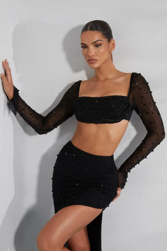 Oh Polly La Desirade Crop Top Perles Noir Col Bénitier