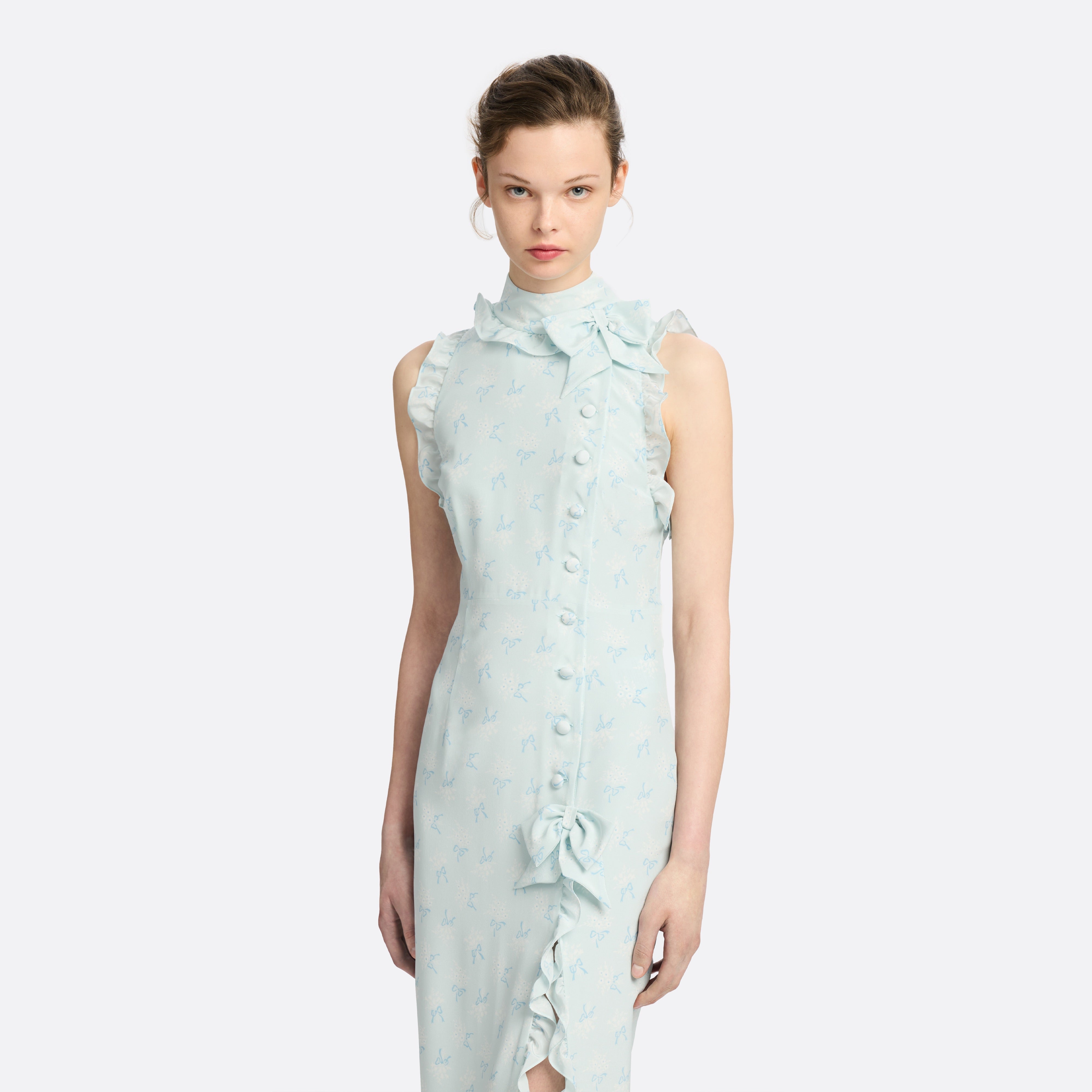 Alessandra Rich Robe midi soie col montant bleu clair
