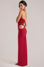 Oh Polly Deep Plunge Halterneck robe longue rouge cerise découpe