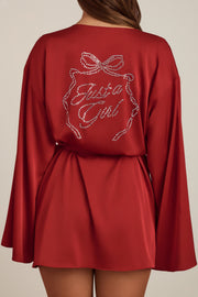 Oh Polly Embellished Reina peignoir satin rouge rubis ceinture