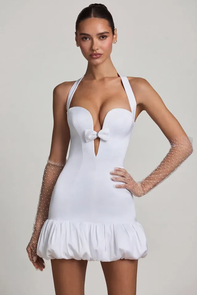 Oh Polly Dresses robe Millie blanche satin jupe bulle à nœud