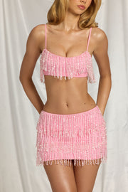 Oh Polly Skirts Nessa mini jupe rose à franges perlées