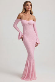 Oh Polly Verena robe maxi rose dentelle épaules nues