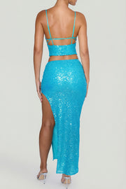 Oh Polly Embellished 10833 jupe longue turquoise sequins