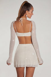 Oh Polly Lucerne Crop Top Ivoire Perles Manches Longues